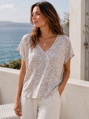 Linen Blend Floral V-Neck Relaxed Fit Top